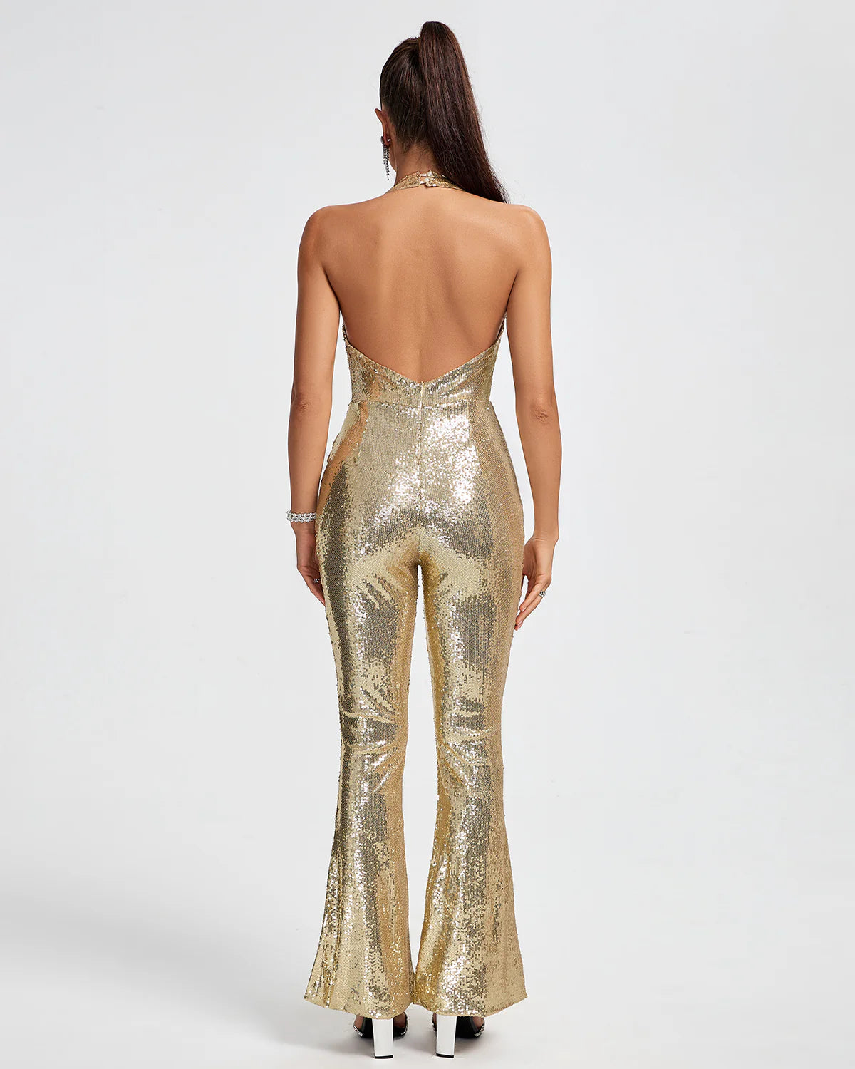 Gold Metallic V-neck sleeveless ruched backless Halter Sequins Jumpsuit | Mix Mix Style | Mix Mix Style