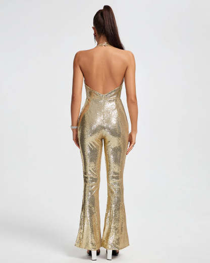 Gold Metallic V-neck sleeveless ruched backless Halter Sequins Jumpsuit | Mix Mix Style | Mix Mix Style