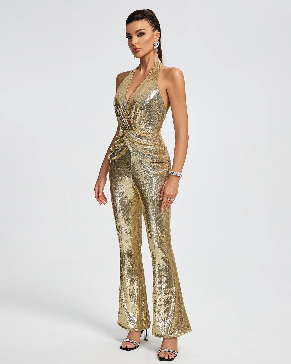 Gold Metallic V-neck sleeveless ruched backless Halter Sequins Jumpsuit | Mix Mix Style | Mix Mix Style