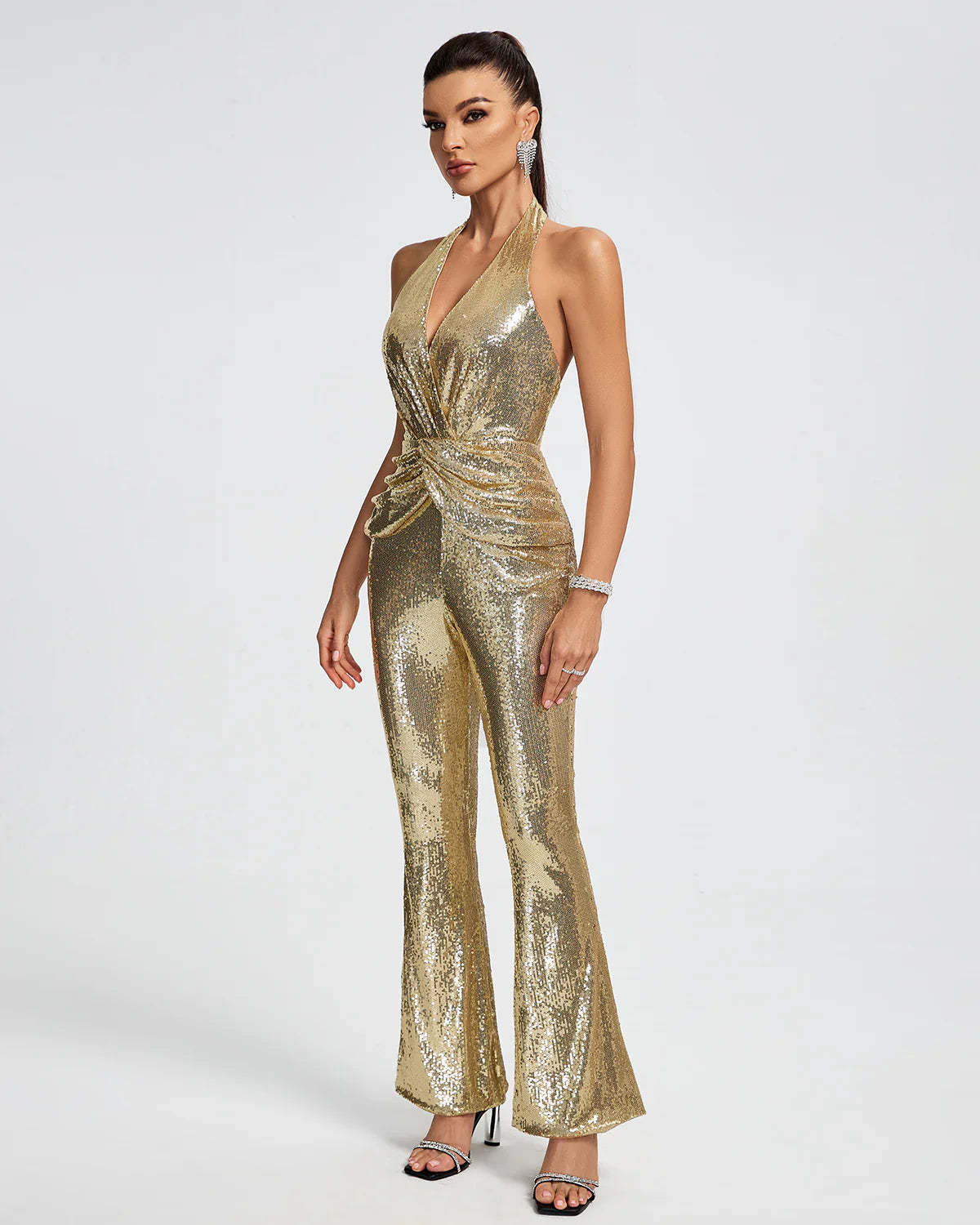 Gold Metallic V-neck sleeveless ruched backless Halter Sequins Jumpsuit | Mix Mix Style | Mix Mix Style