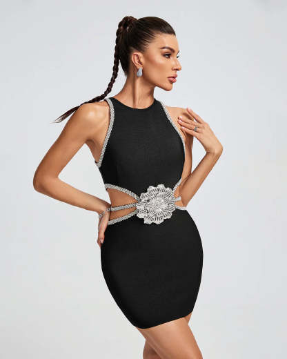 black sleeveles round neck Cutout diamonate silver Flower Bandage party Mini Dress | Mix Mix Style