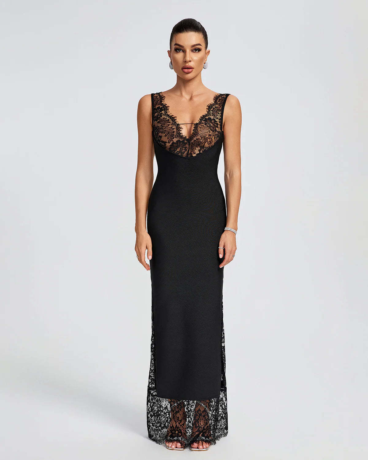 black v-neck sleeveless backless Lace Bandage date valentine party Maxi Dress | Mix Mix Style