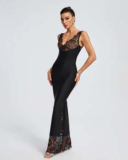 black v-neck sleeveless backless Lace Bandage date valentine party Maxi Dress | Mix Mix Style