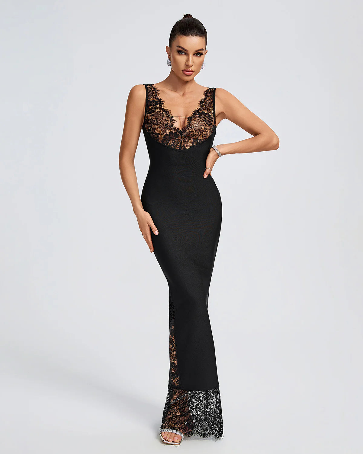 black v-neck sleeveless backless Lace Bandage date valentine party Maxi Dress | Mix Mix Style