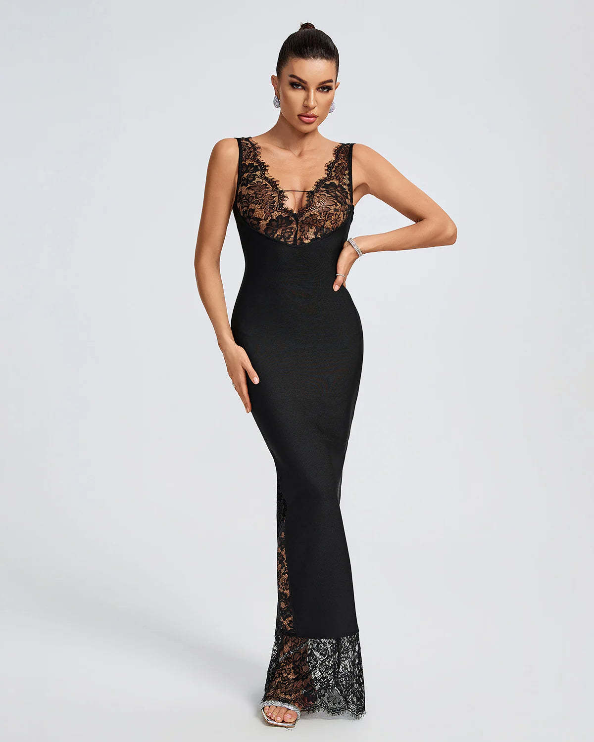 black v-neck sleeveless backless Lace Bandage date valentine party Maxi Dress | Mix Mix Style