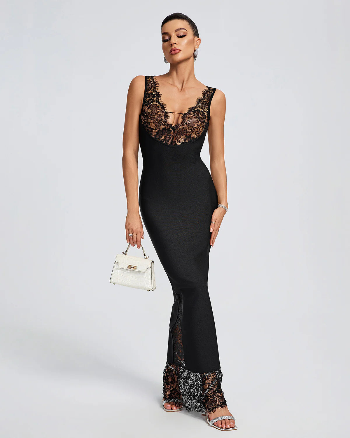 black v-neck sleeveless backless Lace Bandage date valentine party Maxi Dress | Mix Mix Style