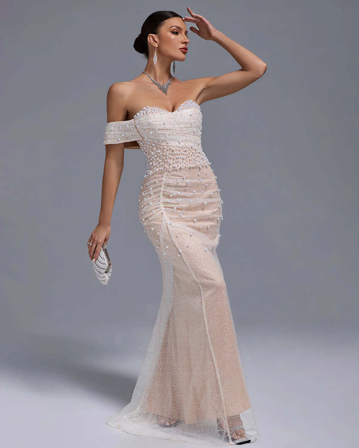Apricot One Shoulder Off Shoulder Pearl Beaded Gauze Prom Party Maxi Dress | Mix Mix Style
