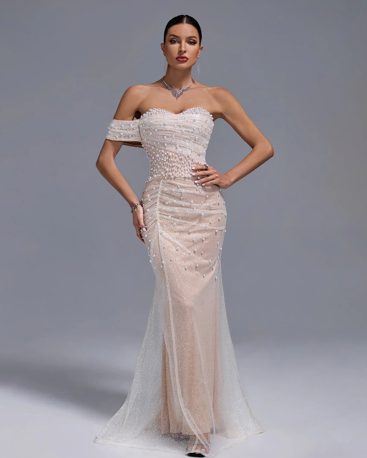 Apricot One Shoulder Off Shoulder Pearl Beaded Gauze Prom Party Maxi Dress | Mix Mix Style