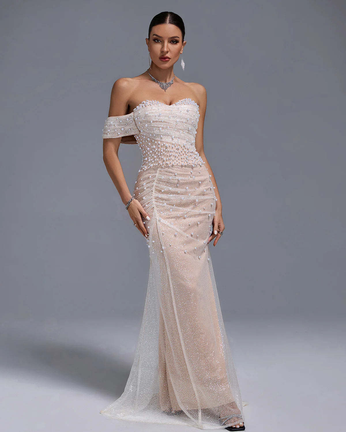 Apricot One Shoulder Off Shoulder Pearl Beaded Gauze Prom Party Maxi Dress | Mix Mix Style
