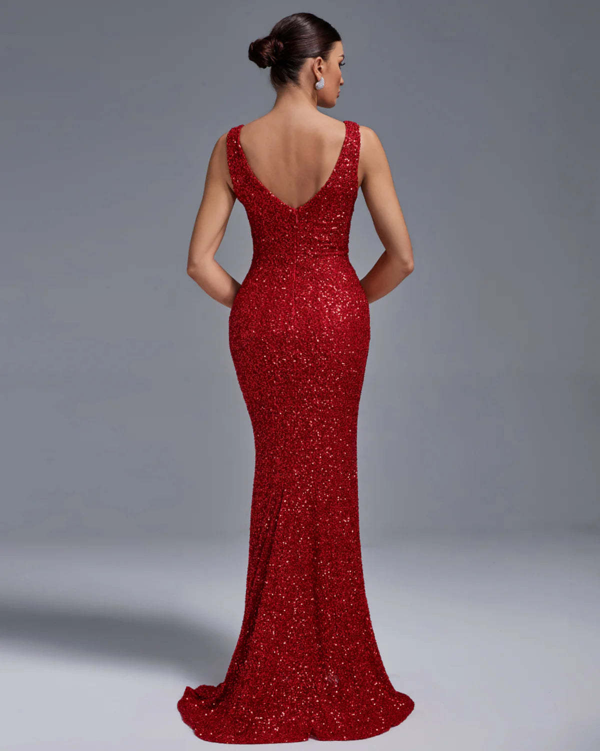 red V-Neck Embellished Full Sequins Cutout Mesh Mermaid Prom Party Dress | Mix Mix Style