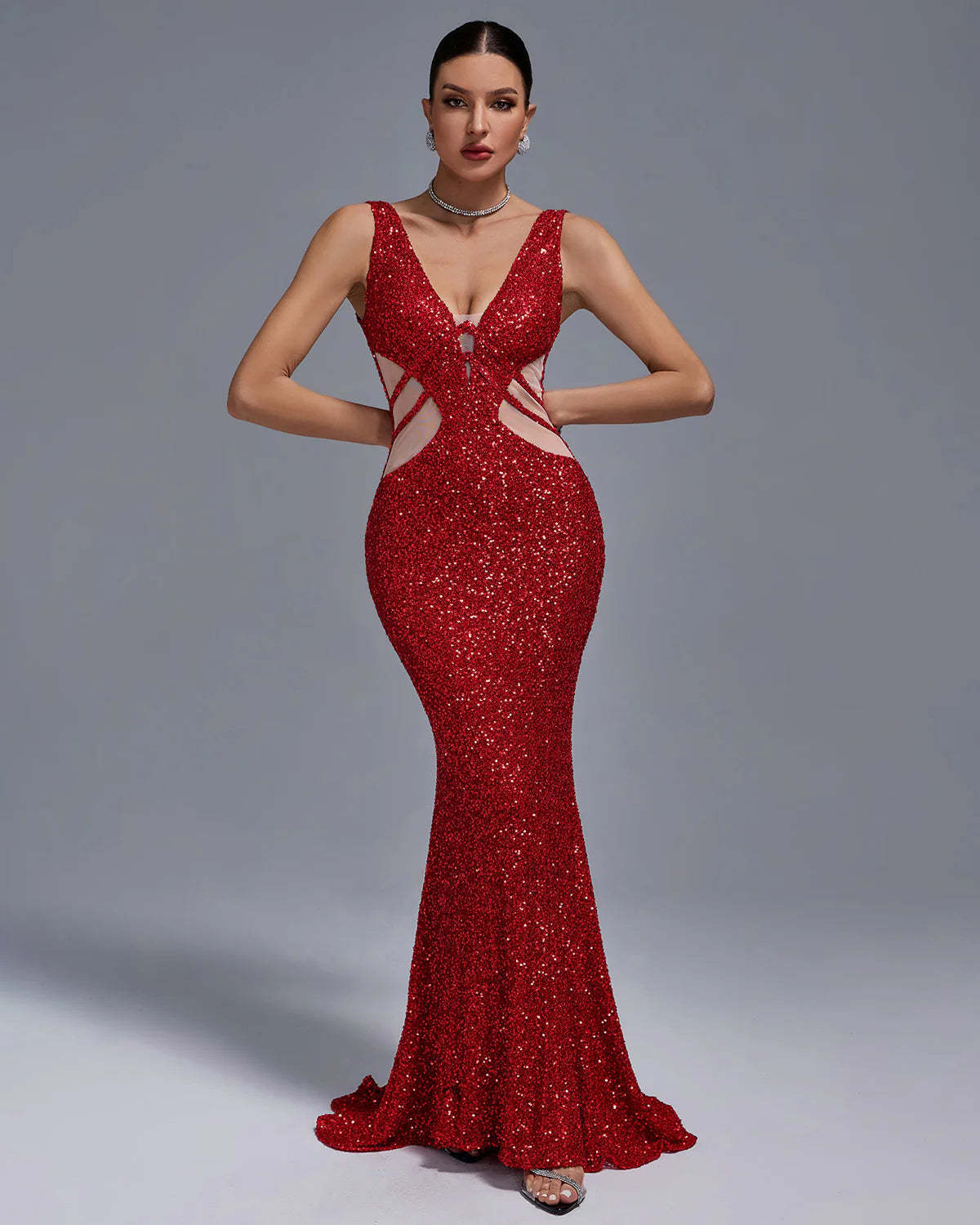 red V-Neck Embellished Full Sequins Cutout Mesh Mermaid Prom Party Dress | Mix Mix Style