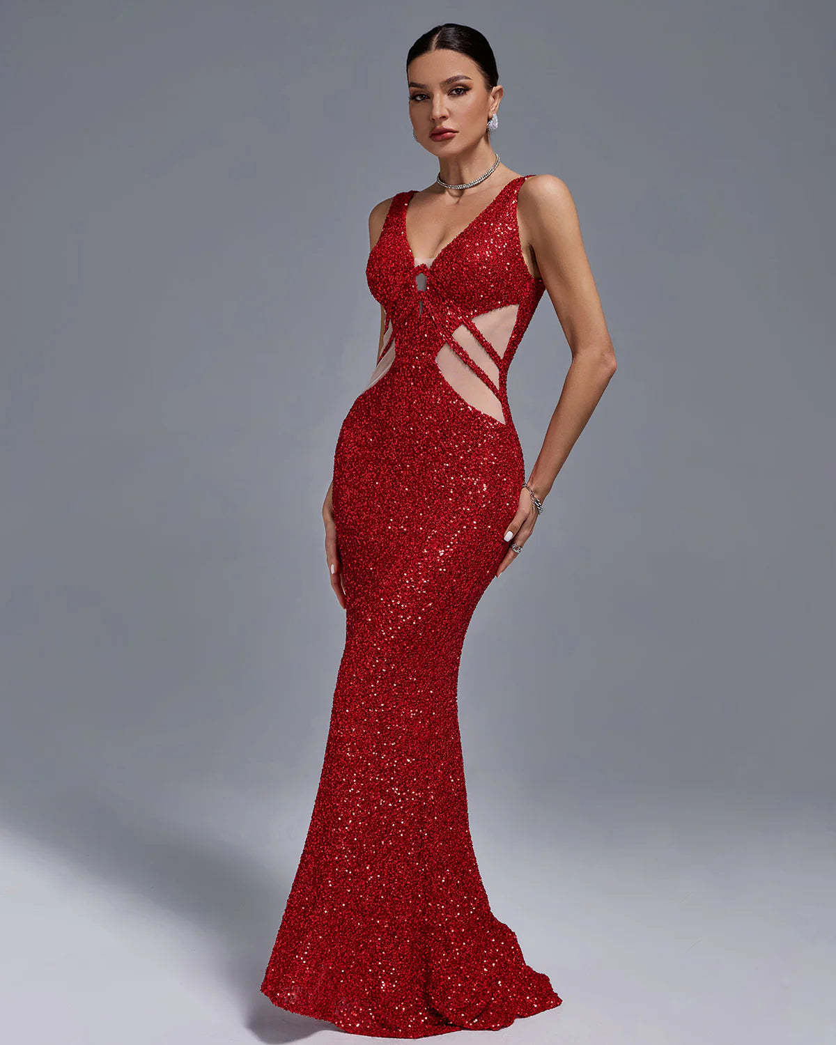 red V-Neck Embellished Full Sequins Cutout Mesh Mermaid Prom Party Dress | Mix Mix Style