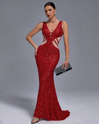 red V-Neck Embellished Full Sequins Cutout Mesh Mermaid Prom Party Dress | Mix Mix Style