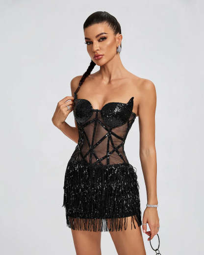 black strapless tassel Mesh sparkling Sequins Beading Corset party Mini Dress | Mix Mix Style