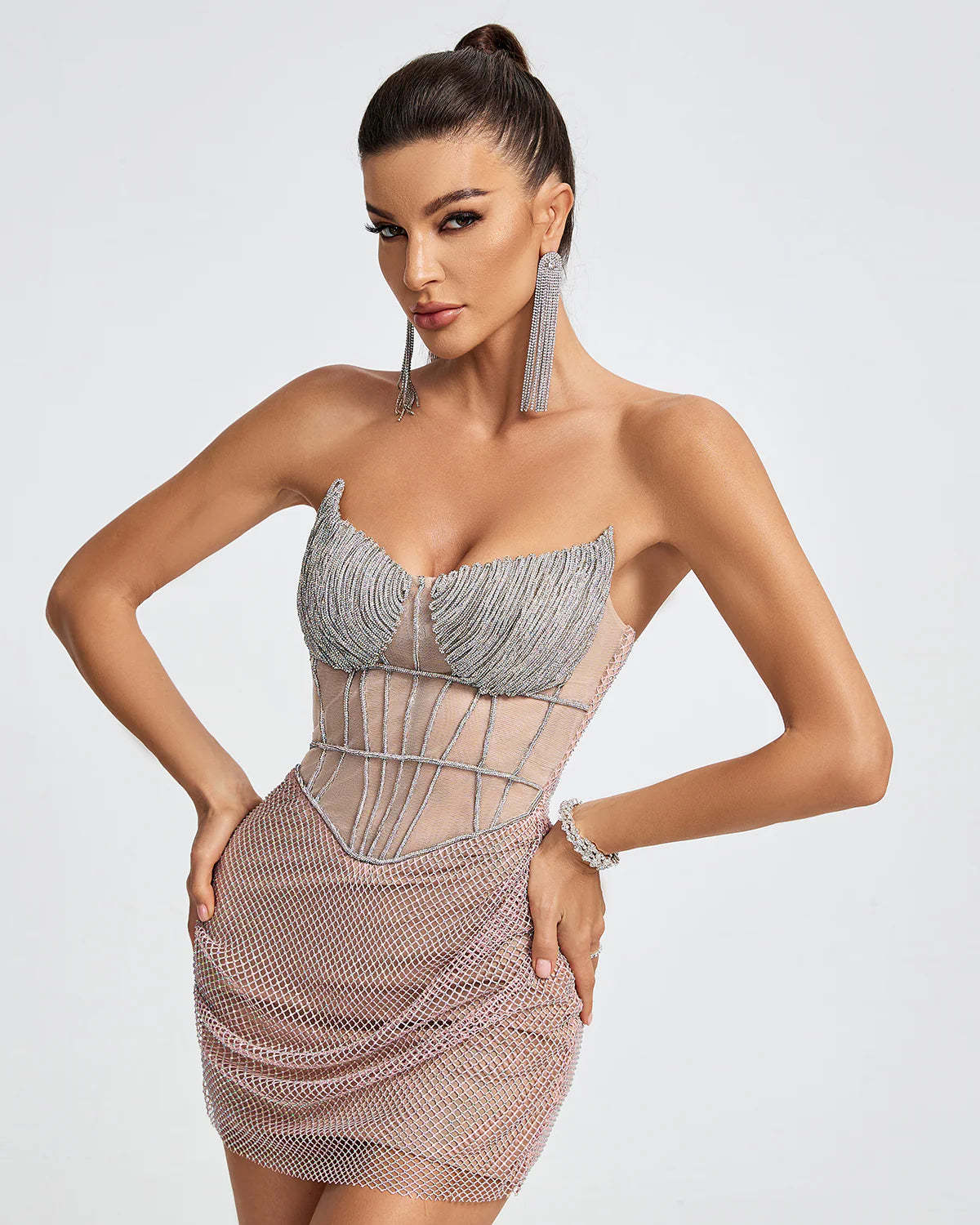 metallic silver rose Strapless Mesh embellished Diamonate Corset cocktail party Mini Dress | Mix Mix Style