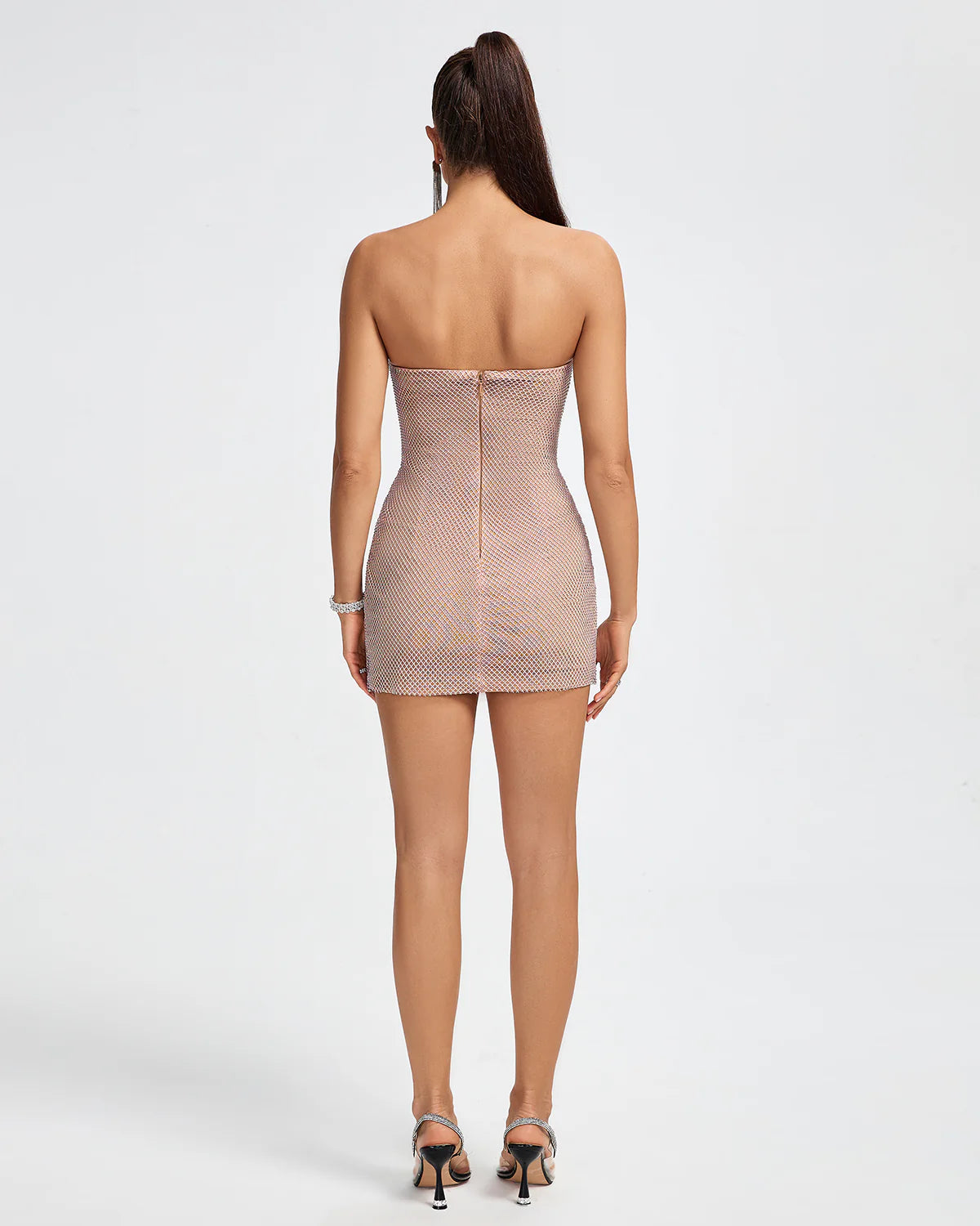 metallic silver rose Strapless Mesh embellished Diamonate Corset cocktail party Mini Dress | Mix Mix Style