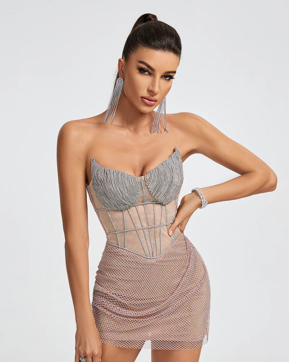 metallic silver rose Strapless Mesh embellished Diamonate Corset cocktail party Mini Dress | Mix Mix Style