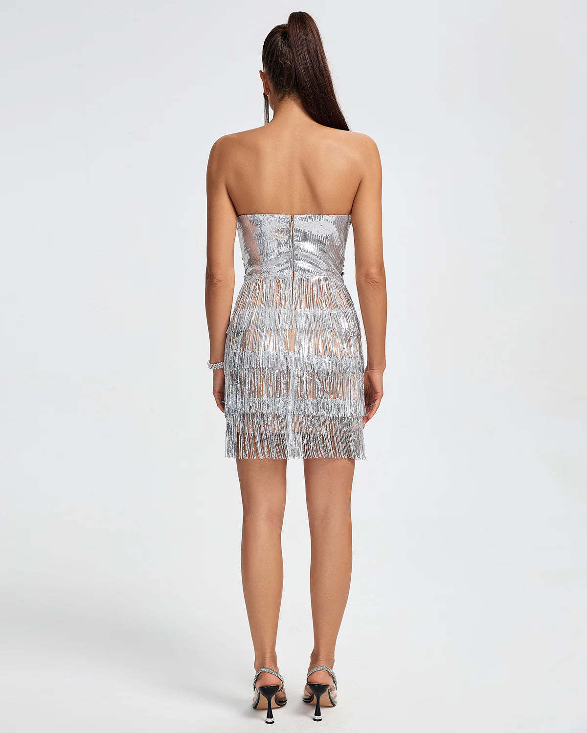 silver metallic strapless v-neck Sweetheart Corset embellished Diamonate Tassels party Mini Dress | Mix Mix Style
