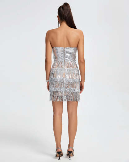 silver metallic strapless v-neck Sweetheart Corset embellished Diamonate Tassels party Mini Dress | Mix Mix Style
