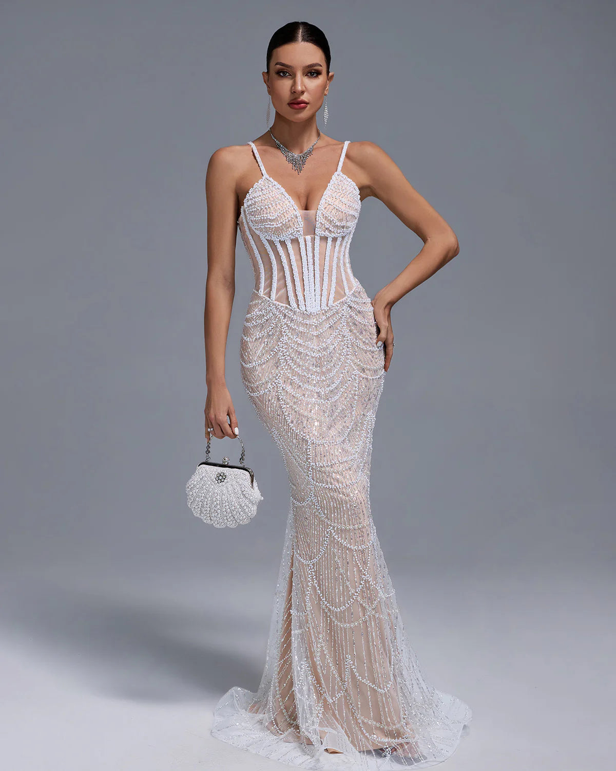 White V-neck Embellished Full Pearls Gauze Fishbone Bustier Party Maxi Dress | Mix Mix Style