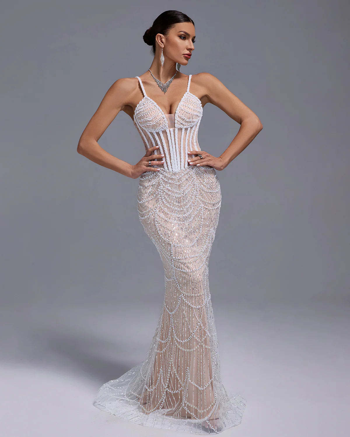 White V-neck Embellished Full Pearls Gauze Fishbone Bustier Party Maxi Dress | Mix Mix Style