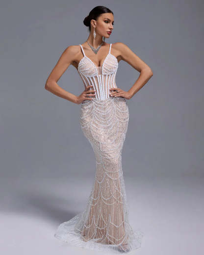 White V-neck Embellished Full Pearls Gauze Fishbone Bustier Party Maxi Dress | Mix Mix Style