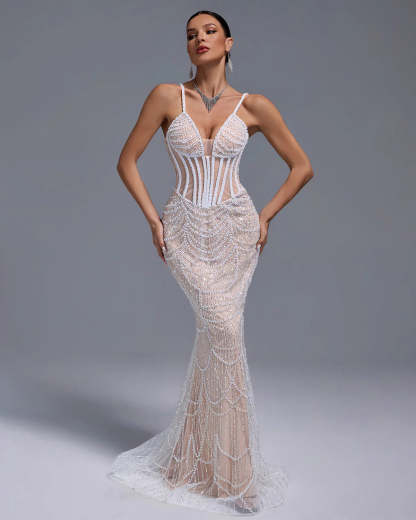 White V-neck Embellished Full Pearls Gauze Fishbone Bustier Party Maxi Dress | Mix Mix Style