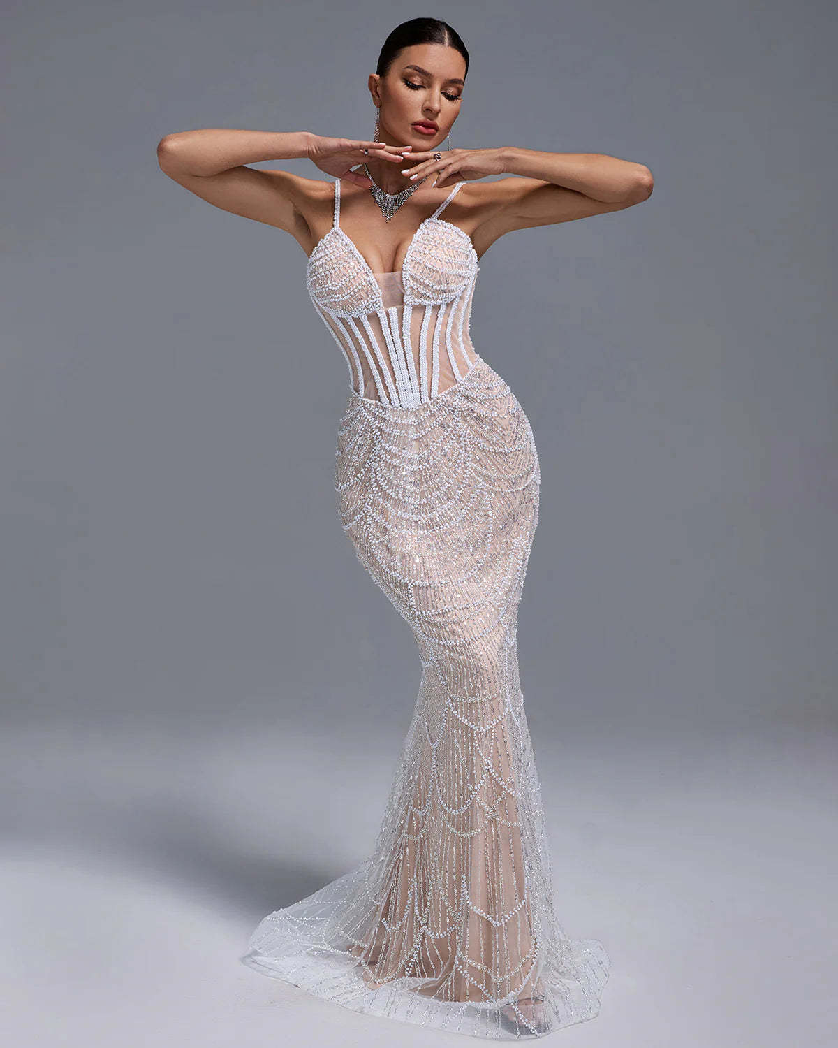 White V-neck Embellished Full Pearls Gauze Fishbone Bustier Party Maxi Dress | Mix Mix Style-Mix MIx Style