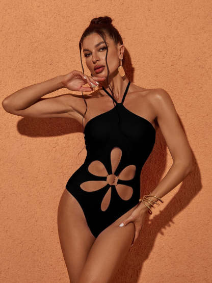 Halterneck Flower Cutout One Piece Swimsuit In Black | Mix Mix Style-Mix MIx Style
