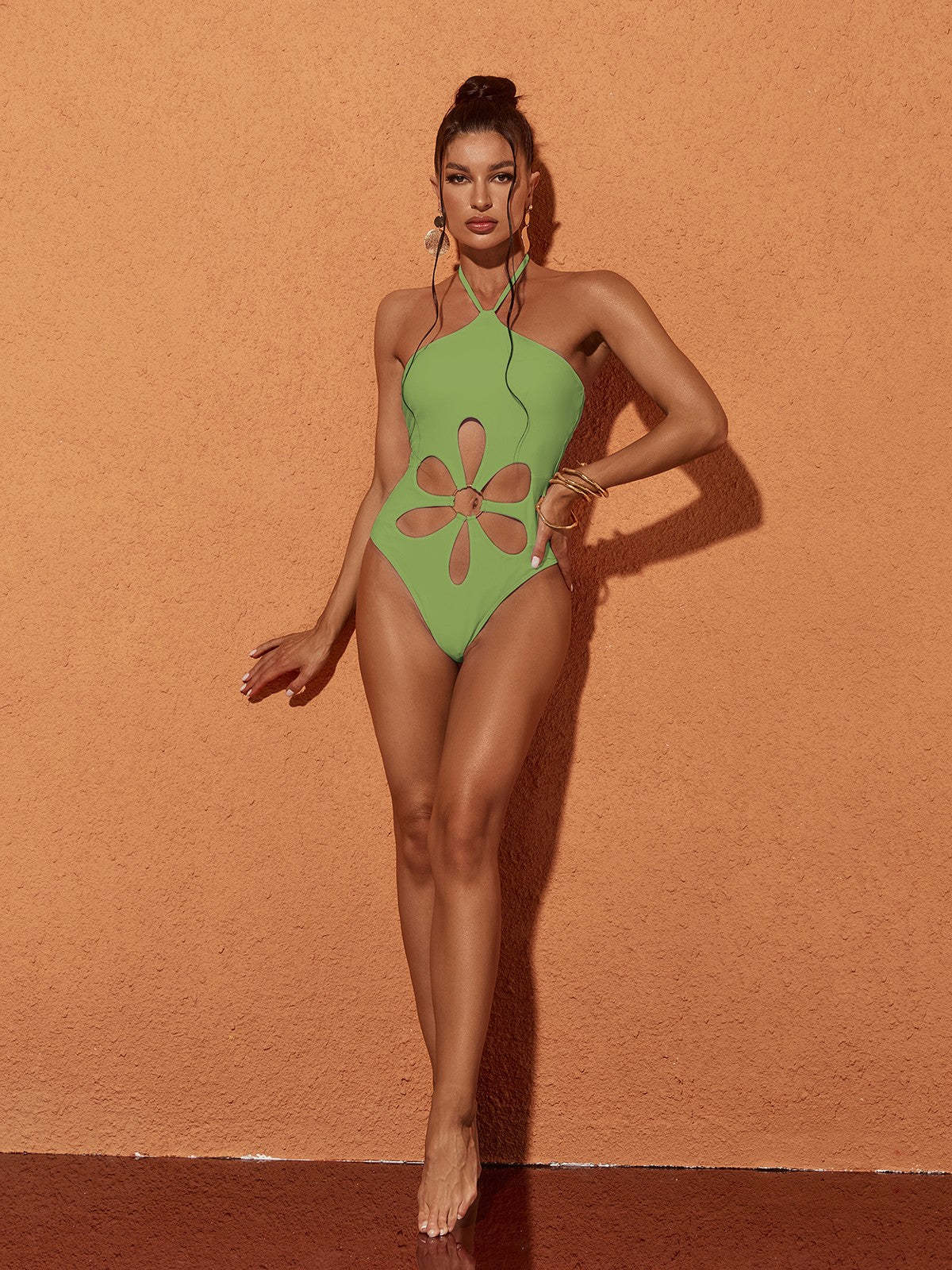 Crossneck Flower Cutout One Piece Swimsuit In Green | Mix Mix Style-Mix MIx Style