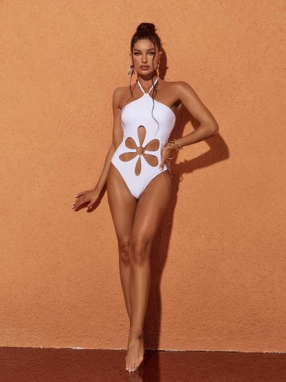 Halterneck Flower Cutout One Piece Swimsuit In White | Mix Mix Style-Mix MIx Style