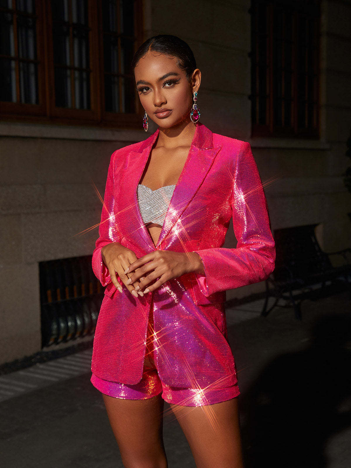 Pink Sequin Blazer Shorts Set | Mix Mix Style [Hot Seller]-Mix MIx Style