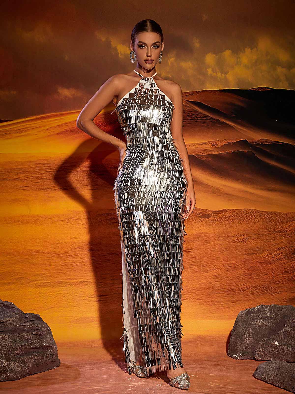 Harper Halterneck Sequin Split Maxi Dress-Mix MIx Style