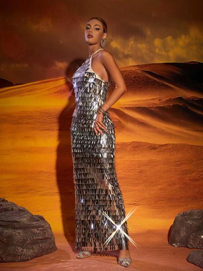Harper Halterneck Sequin Split Maxi Dress-Mix MIx Style