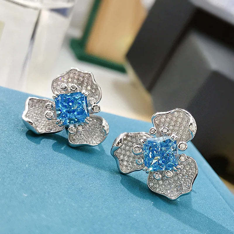 Blue & White Flower Trendy Radiant Cut Moissanite Diamond Elegant 18k White Gold Plated Stud Earrings | Mix Mix Style