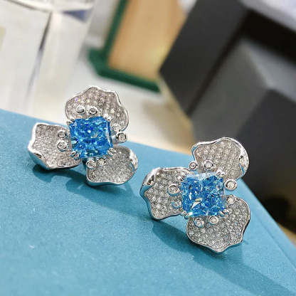 Blue & White Flower Trendy Radiant Cut Moissanite Diamond Elegant 18k White Gold Plated Stud Earrings | Mix Mix Style