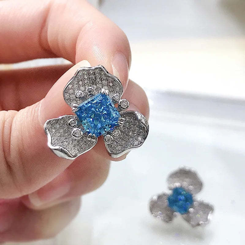 Blue & White Flower Trendy Radiant Cut Moissanite Diamond Elegant 18k White Gold Plated Stud Earrings | Mix Mix Style