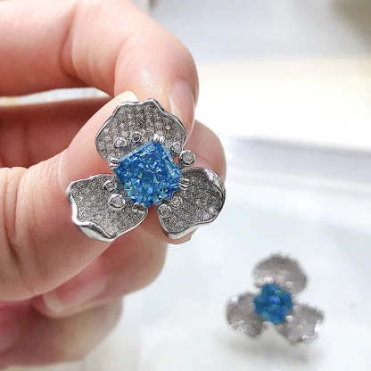 Blue & White Flower Trendy Radiant Cut Moissanite Diamond Elegant 18k White Gold Plated Stud Earrings | Mix Mix Style