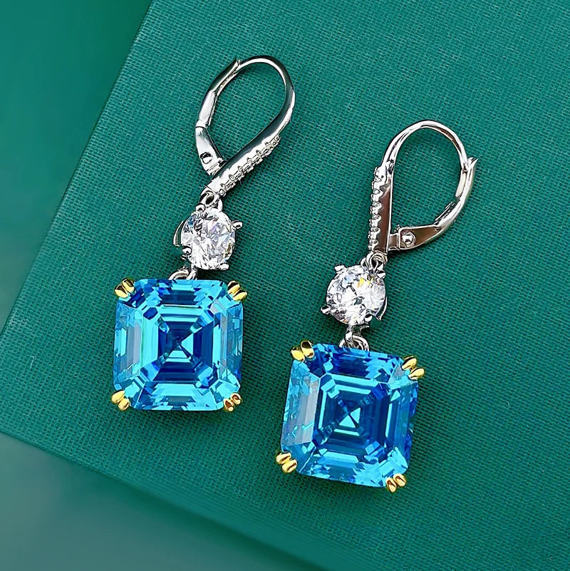 Dainty Trendy Blue Asscher Cut Moissanite Diamond Elegant 18k White Gold Plated Drop Earrings | Mix Mix Style