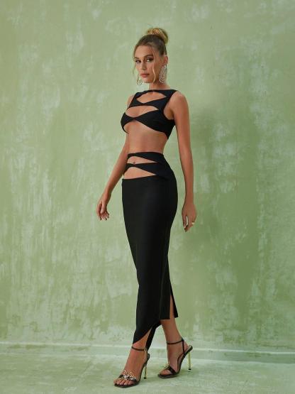 Black Cutout Bandage Top & Maxi Skirt Set | Mix Mix Style [Hot Seller]-Mix MIx Style