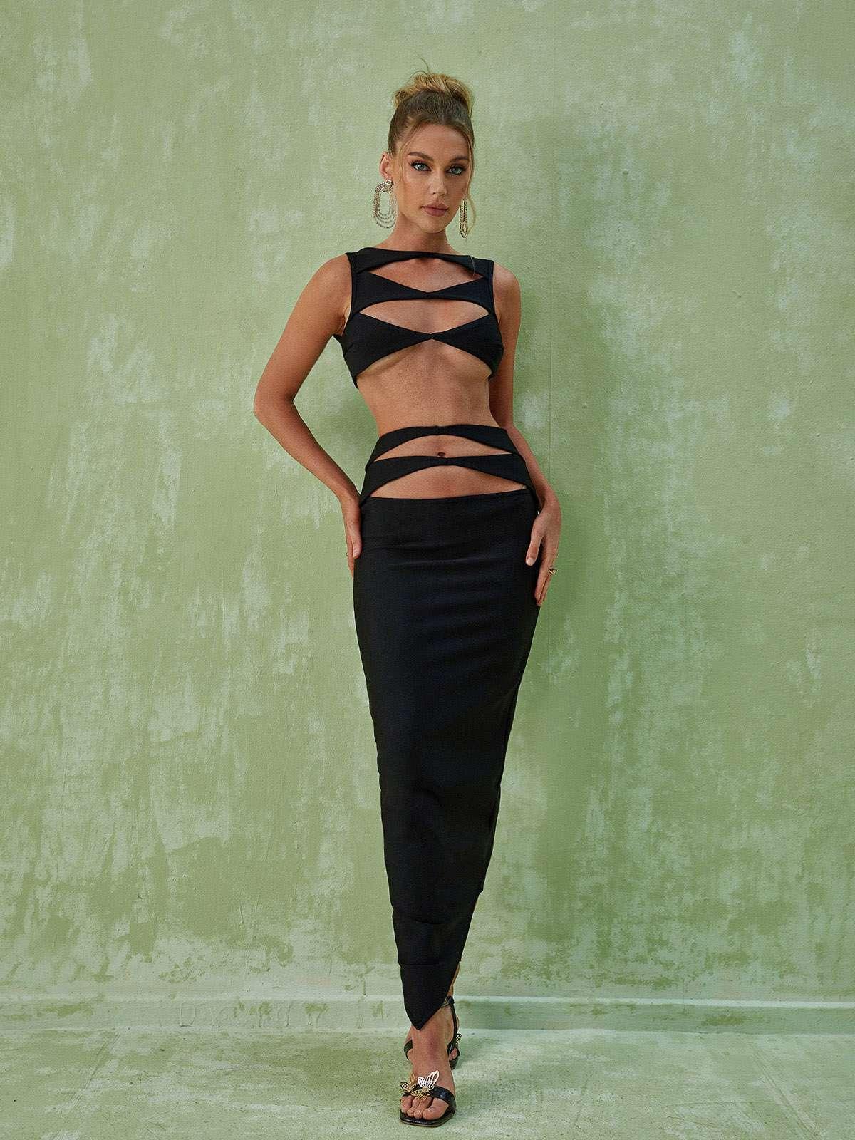 Black Cutout Bandage Top & Maxi Skirt Set | Mix Mix Style [Hot Seller]-Mix MIx Style