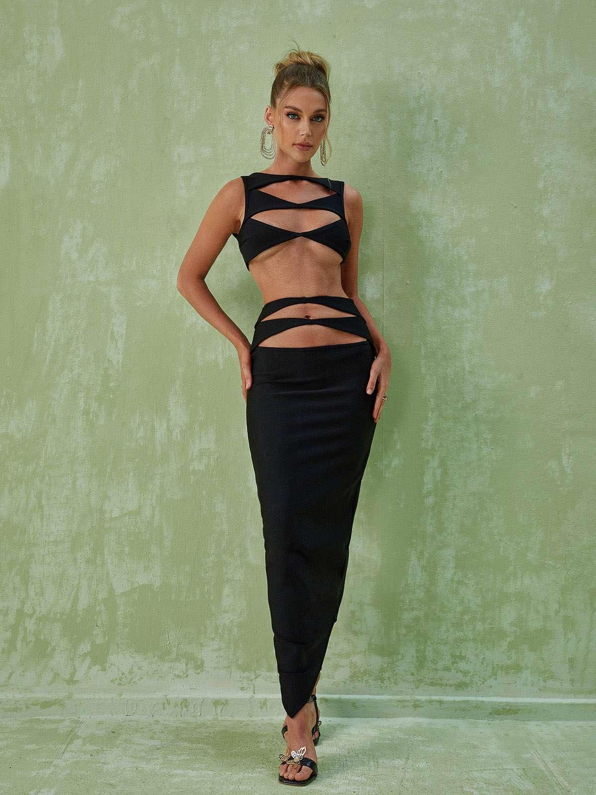 Black Cutout Bandage Top & Maxi Skirt Set | Mix Mix Style [Hot Seller]-Mix MIx Style