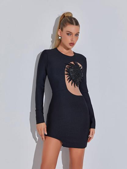 Black Long Sleeve Embellished Bandage Dress | Mix Mix Style [Hot Seller]-Mix MIx Style