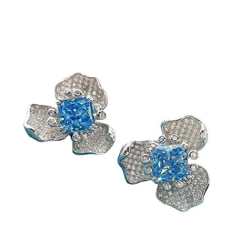 Blue & White Flower Trendy Radiant Cut Moissanite Diamond Elegant 18k White Gold Plated Stud Earrings | Mix Mix Style