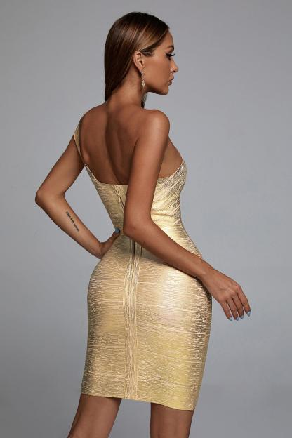 Golden One Shoulder Metallic Mini Cocktail Dress | Mix Mix Style [Hot Seller]-Mix MIx Style