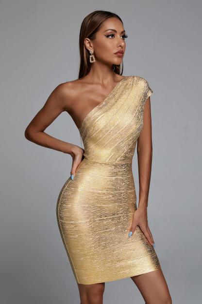 Golden One Shoulder Metallic Mini Cocktail Dress | Mix Mix Style [Hot Seller]-Mix MIx Style