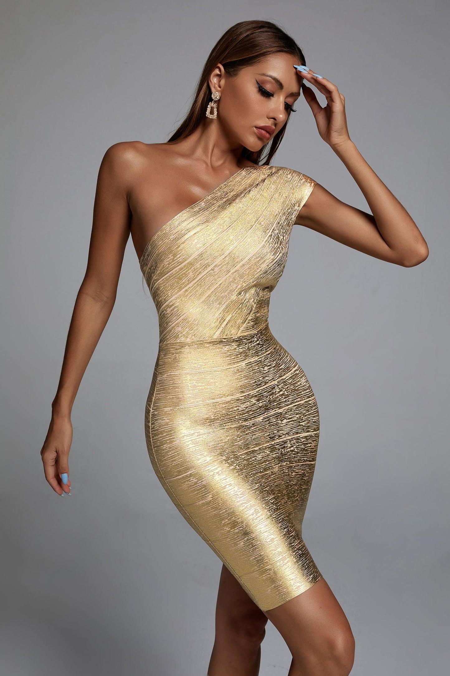 Golden One Shoulder Metallic Mini Cocktail Dress | Mix Mix Style [Hot Seller]-Mix MIx Style