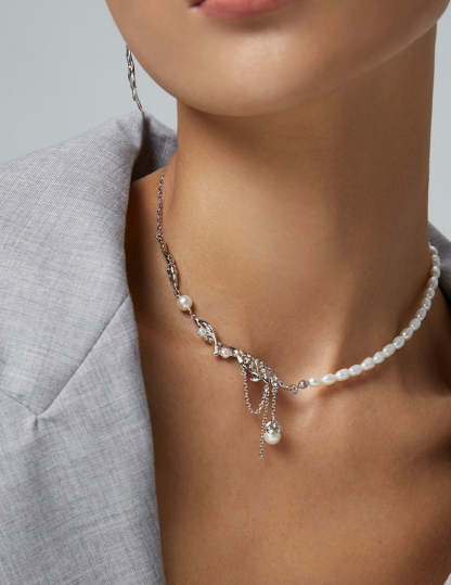 Feather Collection Freshwater Pearl s925 Sterling Silver Necklace | Mix Mix Style-Mix MIx Style
