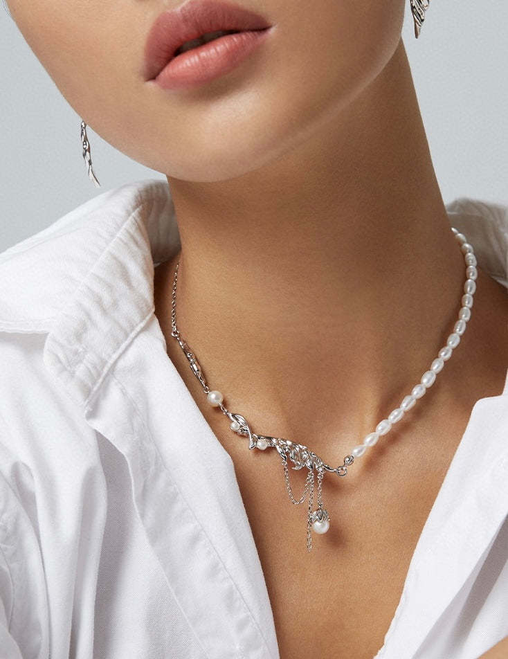 Feather Collection Freshwater Pearl s925 Sterling Silver Necklace | Mix Mix Style-Mix MIx Style