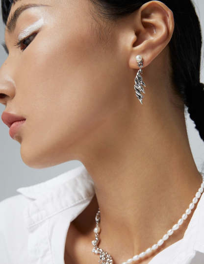 Feather Shape Sterling Silver with Akoya Pearl Earrings | Mix Mix Style [Hot Seller]-Mix MIx Style